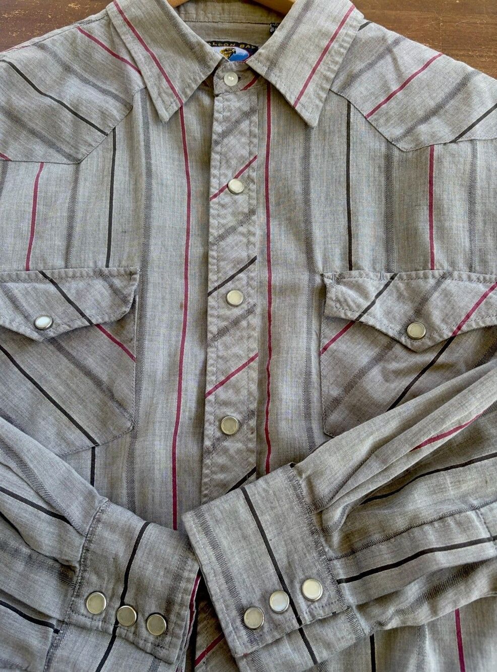 Vintage Falcon Bay Pearl Snap Large Western Shirt Gray Striped Cowboy Ranch